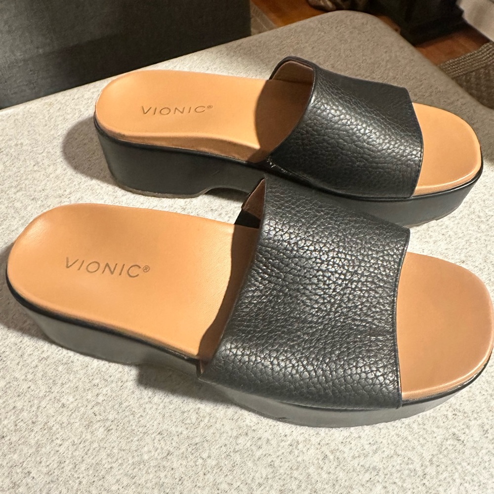 Vionic Black Leather Platform Slides - image 2